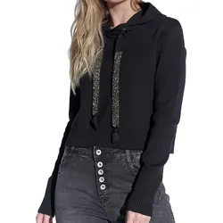 vestino Damen Strick-Pullover mit Kapuze Alltags-Pulli Sweater 900409 Schwarz - S