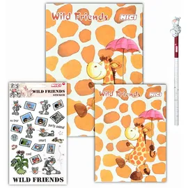Wild Friends Schreibwaren-Set 4-teilig (2x Notizblöcke, Stift, Sticker)