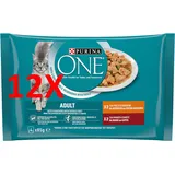 12 X Purina One Cat Adult4 Beutel À 85 Gramm (2 Huhn Und GrÜne Bohnen - 2 Rin