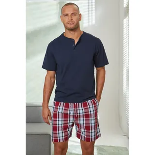 H.I.S. Pyjama H.I.S, Herren, Gr. 48/50 (M), bunt (marine, bordeaux), Jersey, Webqualität, Obermaterial: 100% Baumwolle, kariert, Basic, bequem kurz, Rundhals, Kurzarm abgesteppte Kante, Homewear-Sets, Schlafanzug mit Webshorts