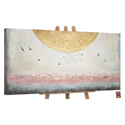 YS-Art Gemälde Sonnenenergie, Landschaft, Leinwand Bild Handgemalt Gold Sonne Vögel Süden weiß 100 cm x 50 cm x 4 cm