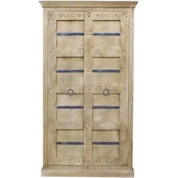 Garderobenschrank SIT "Daipur", beige (natur, antikgrau), B:100cm H:180cm T:45cm, Massivholz, Schränke, geschnitzte Verzierungen