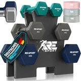 RE:SPORT® Hantel-Set 3 Paar, 1kg - 5kg, 12kg oder 18kg mit Ständer & 3x Fitnessbänder | Rutschfeste Neopren Kurzhanteln für Damen & Herren | Hanteln Hantelset (Türkis/Grau/Marineblau, 18 kg)