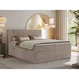 MKS Meble Boxspringbett 180x200 Hellbraun Cord, Boxspringbett mit Matratze H3, Bett mit Bettkasten and Kopfteil, Doppelbett mit Stauraum, Polsterbett - Tiliano