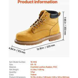 Vevor Arbeitsstiefel mit Stahlkappe, US-Größe 12, Arbeitsschuhe für Herren, Sicherheitsschuhe, leichte und atmungsaktive Herrenstiefel mit Gummisohle für Industrie und Bau, Braun Gelb