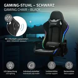 Gamingstuhl mit RGB Beleuchtung & Bluetoothboxen Schwarz aus Kunstleder