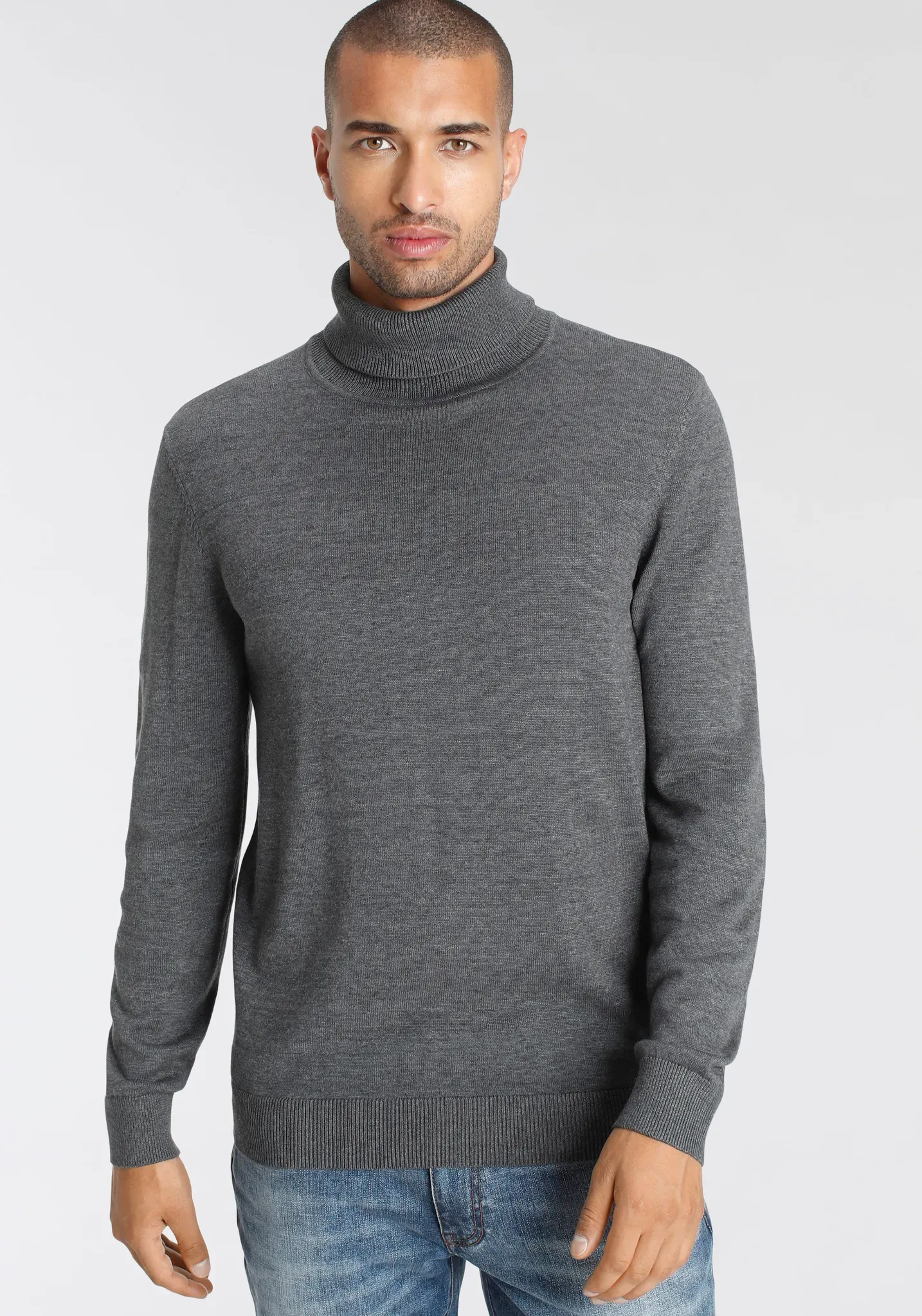Rollkragenpullover AJC, Herren, Gr. XXL (60/62), grau (grau meliert), Feinstrick, Obermaterial: 50% Baumwolle, 50% Polyacryl, unifarben, Basic, schmal, Rippstrickbündchen, Pullover Rollkragenpullover, mit Rollkragen aus Rippstrick