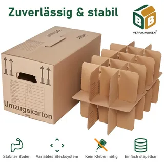 BB-Verpackungen Umzugskarton Gläserkarton inkl. Einsatz für 30 Gläser, 2-wellig, 600 mm x 330 mm x 340 mm, 25 Stück braun