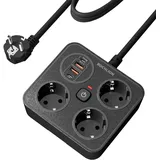 Steckdosenleiste mit 4 USB, BOCHLION 3 Fach Mehrfachsteckdose Überspannungsschutz mit PD20W und QC3.0, Mehrfachstecker Steckerleiste Wandmontage 3250W/13A, Steckdosenadapter mit 1.8M Kabel -Schwarz