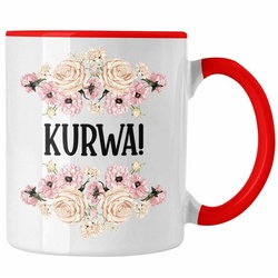 Trendation Tasse Trendation – KURWA Tasse mit Spruch Provokante Tasse Spruch Kollegin Kollege Büro Kaffeetasse Freundin rot