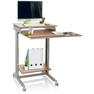 HJH Office Schreibtisch Workstation Buche/Grau Stehpult Home-Office, höhenverstellbar mit Rollen, Tastaturauszug
