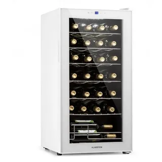 Klarstein Weinkühlschrank, 1 Zonen Getränkekühlschrank Klein, Freistehender Kleiner Weinschrank, 74L Wein-Kühlschrank mit Glastür, Indoor/Outdoor Flaschenkühlschrank, Wine Fridge 28 Uno 28Fl Touch-Bedienfeld 5-18°C Weißes Glas
