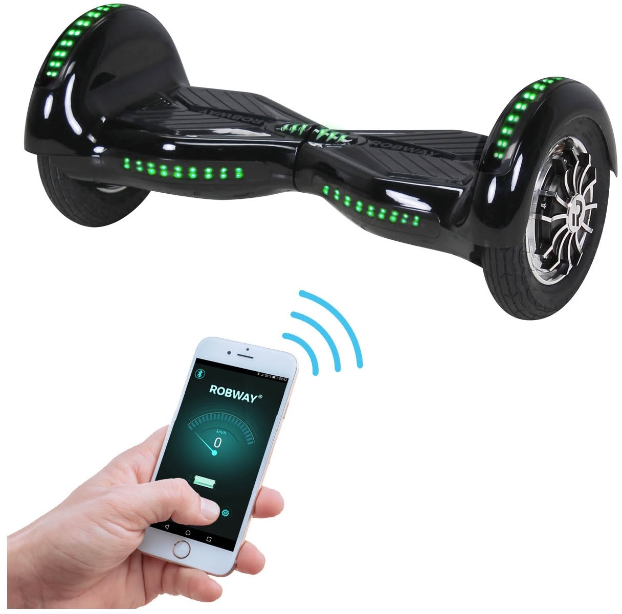 ROBWAY W3 Hoverboard für Erwachsene und Kinder, 10 Zoll Self-Balance-Scooter, Bluetooth, App, 800 Watt (Schwarz)