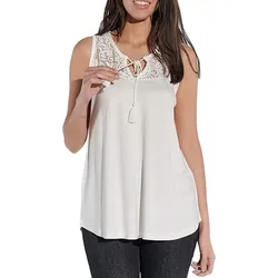 vestino Damen Sommer-Top mit Spitzen-Einsatz Freizeit-Shirt im Boho-Look 900630 Creme-Weiß - M
