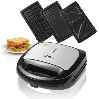 OZAVO 3-in-1-Sandwichmaker Sandwichtoaster, Waffeleisen,Kontaktgrill 23*23cm, 750 W, Antihaftbeschichtete abnehmbare Platten schwarz 23.7 cm