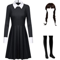Kostüm Kleid Damen Mädchen Karnival Kosplay Schwartz Kleid Gothic Uniform Kinder Halloween Outfit mit Things und Wig XL