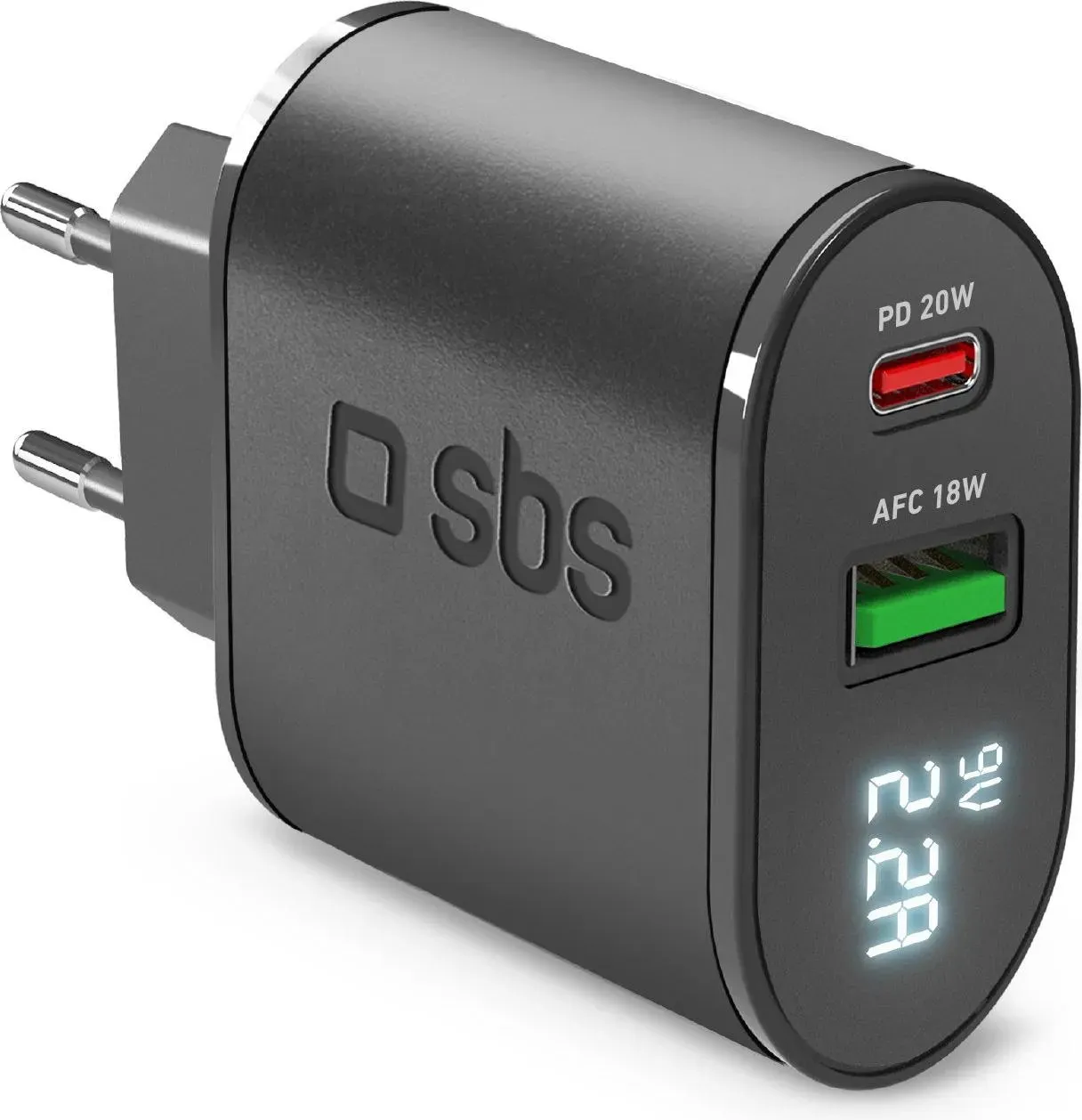 SBS PD Reiselader 20W USB-C/USB m. Disp (20 W, Power Delivery), USB Ladegerät, Schwarz