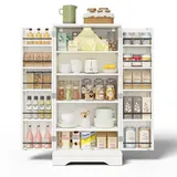 Merax Küchenschrank, Vorratsschrank mit LED, Verstellbare Einlegeböden, Gewürzregal, Buffetschrank mit 3D-Wellenmuster-Türen, Hochschrank Küchenbuffet für Küche, Esszimmer, 60x40x120,5cm (Weiß)