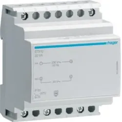 Hager ST310 Sicherheitstrafo 230V/24V, 20VA, 4PLE.Sicherheitstransformator mit getrennter Primär- und Sekundärwicklung. Schutz gegen Kurzschluss
