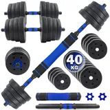 C.P.Sports 2in1 Kurzhantel & Langhantel Set 30kg / 40kg | Hantelscheiben – Gewichte – Hantelstangen | verstellbare Hanteln – Hantelset für Krafttraining, Fitness, Home Gym (blau-schwarz – 40kg Set)