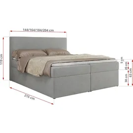 MKS Meble Boxspringbett, Polsterbett JAGUAR mit Multipocket-Matratze, struktur dekostoff, zwei Bettkästen und Topper - 180 x 200 cm - H4 - Hellgra... - Grau