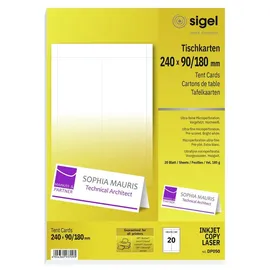 Sigel Tischkarte, Inkjet/Laser/Kopierer, Papier, 185 g/m2, 240 x 90/180 mm, weiß (20 Stück), Sie erhalten 1 Packung á 20 Stück