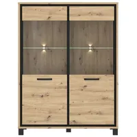 99rooms Teo Vitrine Eiche Artisan Dekor Schwarz mit LED-Beleuchtung