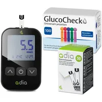 diabetikerbedarf db GmbH adia Blutzuckerteststreifen (60 Stück) mit Messgerät (mmol/L) und 110 Lanzetten als Komplett-Set