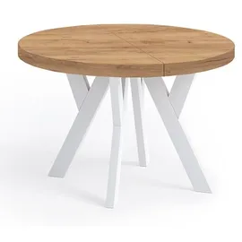 dekori.interiors Runder Ausziehbarer Tisch für Esszimmer, Pero, Loft-Stil, Skandinavische, Durchmesser: 110 / 210 cm, Eiche Craft Golden / Weiss - Braun