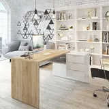 Dmora Schreibtisch, Greensboro, Wendeschreibtisch mit Kommode, Eckstudie oder Büro-PC-Tisch, 145x108h73 cm, Eiche und Weiß