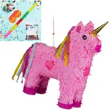 4 tlg. Pinata Set Einhorn, XXL Konfetti Sack Metallic, Pinatastab & Augenmaske, Einhornpinata, Stock und Maske, pink