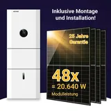 PV-Komplett Set 20,64kWp mit 48 Solarmodule von Sunova, Glas/Glas TopCon, N-Typ, dem KSTAR-Wechselrichter E10KT und 4 Batteriespeichermodulen mit 18,4 kWh Speicher