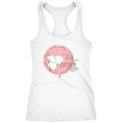 MoonWorks Tanktop Damen Tanktop Einhorn auf Donut Ich bin so süß ich könnte Zucker pupsen Unicorn Sprüche Spruch Racerback Moonworks® weiß XXL