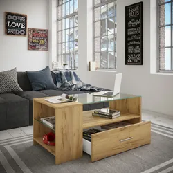 VCM Tindala Couchtisch mit Glasplatte, 1 Schublade, 3 Regale Honig-Eiche dekor.