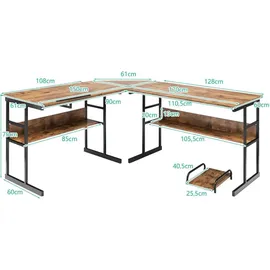 Costway L-förmiger Schreibtisch, Eckschreibtisch aus Holz mit neigbarer Tischplatte, unterem Bücherregal & CPU-Ständer, Zeichentisch Computertis... - Braun