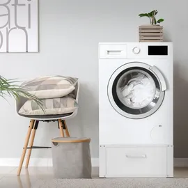 ML-Design Waschmaschinen Untergestell mit Schublade 63x54cm Stahl Weiß bis 150kg, Waschmaschinen-Unterschrank, Stabiler Waschmaschinensockel, H=31,5cm Podest Erhöhung Unterbau für Trockner/kühlschrank