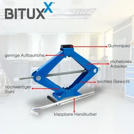 BITUXX Scherenwagenheber 2T flach Wagenheber 2 Tonnen Hubhöhe von 10,5 cm bis 38 cm inkl. Gummiauflage und praktischer Handkurbel