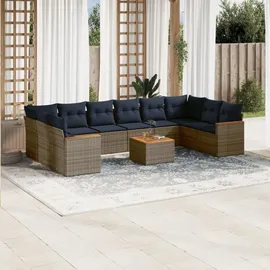 vidaXL 11-teiliges Gartensofa-Set mit Kissen, grau, Polyrattan - Grau