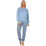 RELAX by Normann Damen Frottee Pyjama mit Bündchen - Hose gestreift, Top mit Mond Applikation - 212 13 800, Farbe:hellblau, Größe:40-42 - 40-42