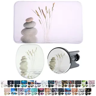 Sanilo Badaccessoire-Set 3-teilig mit Motiv, viele schöne Sets zur Auswahl, WC-Sitz mit Absenkautomatik, Badteppich 70 x 110 cm, Waschbeckenstöpsel, 3 tlg., 3-teilig, hochwertig & modern, universell, leichte Montage weiß