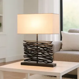 GLOBO Tischleuchte Tischlampe Beistelllampe Holzlampe Schreibtischlampe Wohnzimmerlampe, Holz schwarz Stoff grau, E27, H 50 cm