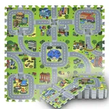 Juskys Kinder Puzzlematte Jascha 9 Teile - Stadt & Straßen – rutschfest – Spielmatte ab 10 Monate
