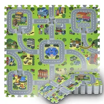 Juskys Kinder Puzzlematte Jascha 9 Teile - Stadt & Straßen – rutschfest – Spielmatte ab 10 Monate