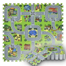 Juskys Kinder Puzzlematte Jascha 9 Teile - Stadt & Straßen – rutschfest – Spielmatte ab 10 Monate