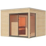 Woodfeeling Karibu Saunahaus Terning 1 mit Vorraum - 38 mm naturbelassen Set B (Sauna B 2,25 x T 1,9 m mit 3 Liegen 57/52 cm) Ohne Ofen inkl. gratis Zubehörpaket (Gesamtwert 191,92€)