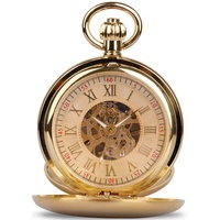 Tiong Mechanische Taschenuhr im Vintage-Stil, einzigartige Tourbillon-Mondphase, römische Ziffern, Maßstab: Doppeljäger, Taschenuhren und Geschenkbox, Gold&Rot, 🌳