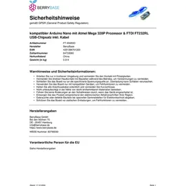 BerryBase Arduino Nano kompatibler Mikrocontroller, 12 digitale I/O, 8 analoge I/O, 6 PWM-Pins, 5-12V