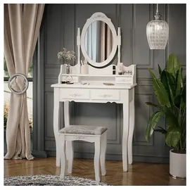Vicco Schminktisch Meghan Weiß, 75 cm mit Hocker 75x147 Barock Schlafzimmerkommode Schminkkommode Schwenkspiegel Schublade Aufbewahrung Frisierkommode Make-Up-Tisch