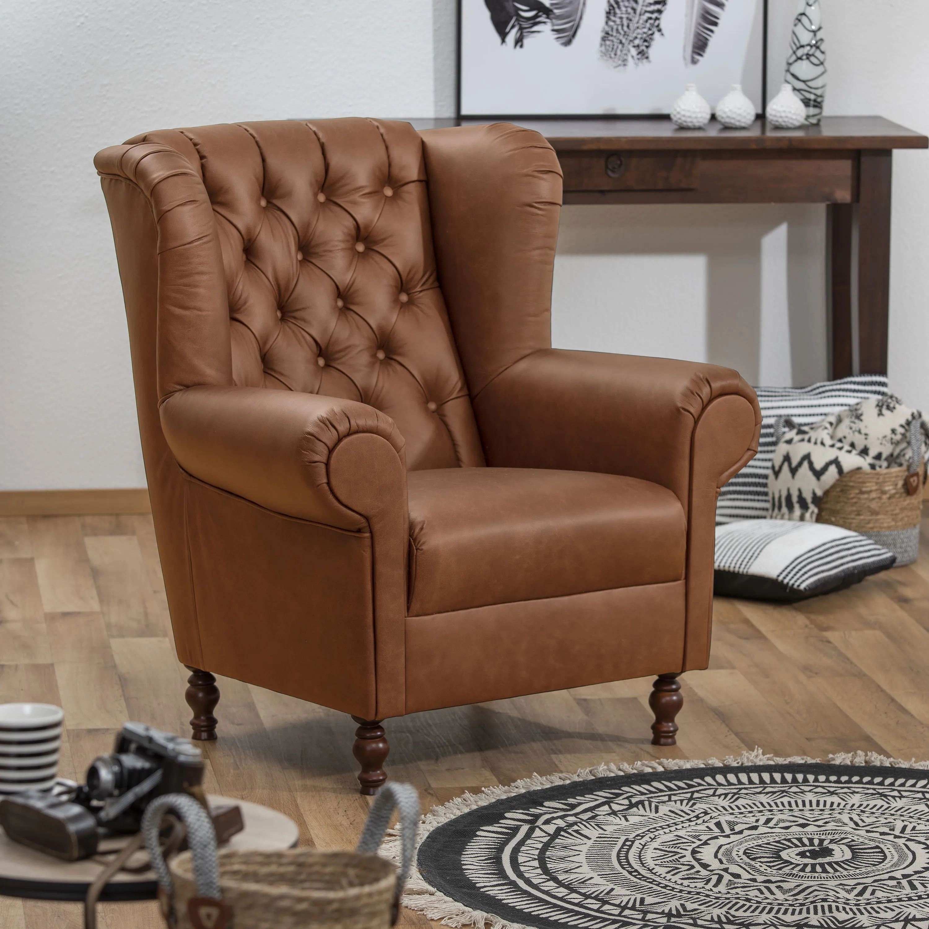 Sessel MAX WINZER "Vary, Chesterfield, Federkernunterfederung für tollen Sitzkomfort" Gr. Leder 93700, B/H/T: 91 cm x 101 cm x 90 cm, braun (cognac) tolle Verarbeitungsdetails, Ohrensessel, Loungesessel, Clubsessel