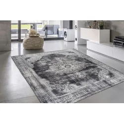 Teppich LEONIQUE "Rayan" Gr. 6, grau (hellgrau), B:200cm H:9mm L:290cm, Kunstfaser, Teppiche, Orient-Design, Vintage, Kurzflor, Teppich mit Bordüre